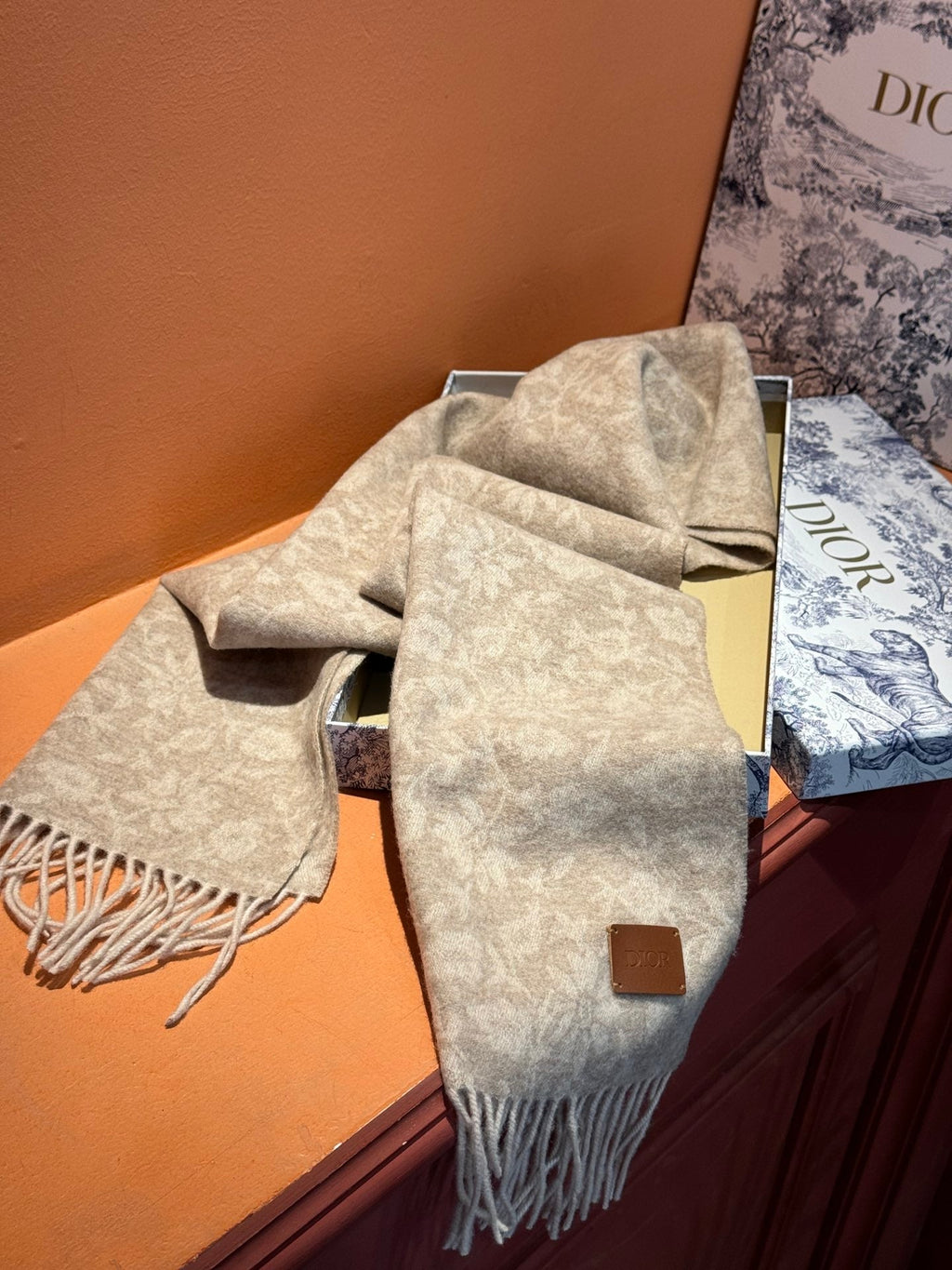DIOR SCARF 180 CM IN ECRU TAN MONOGRAM CASHMERE 394644