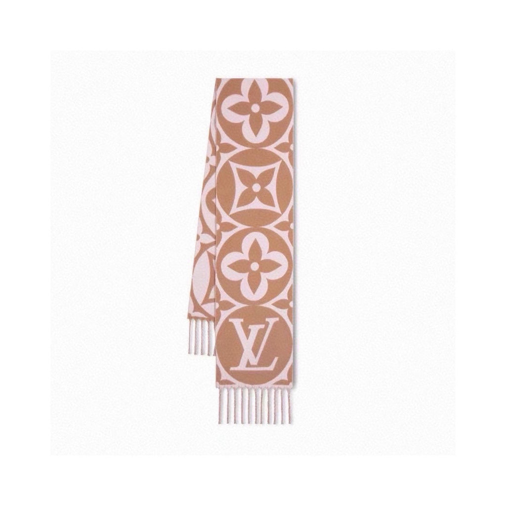 LOUIS VUITTON MEDALLION SCARF 235 CM IN PEANUT BROWN MIX WHITE WOOL 399899