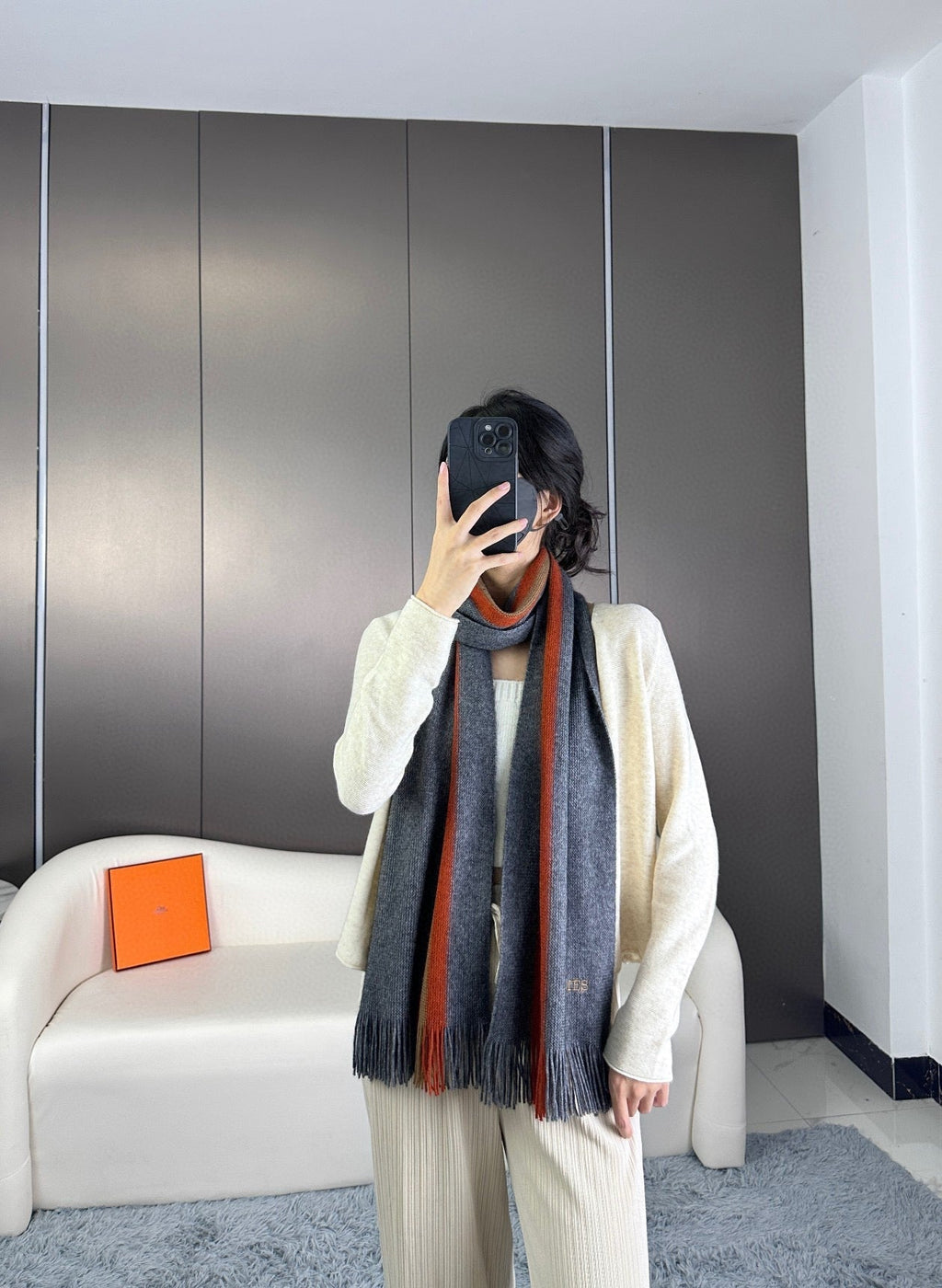 HERMES SCARF 180 CM IN SLATE GRAY CASERE 356236