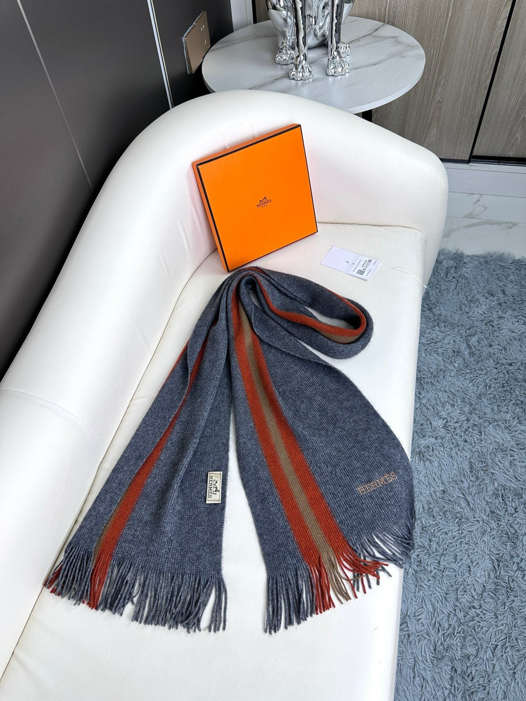 HERMES SCARF 180 CM IN SLATE GRAY CASERE 356236