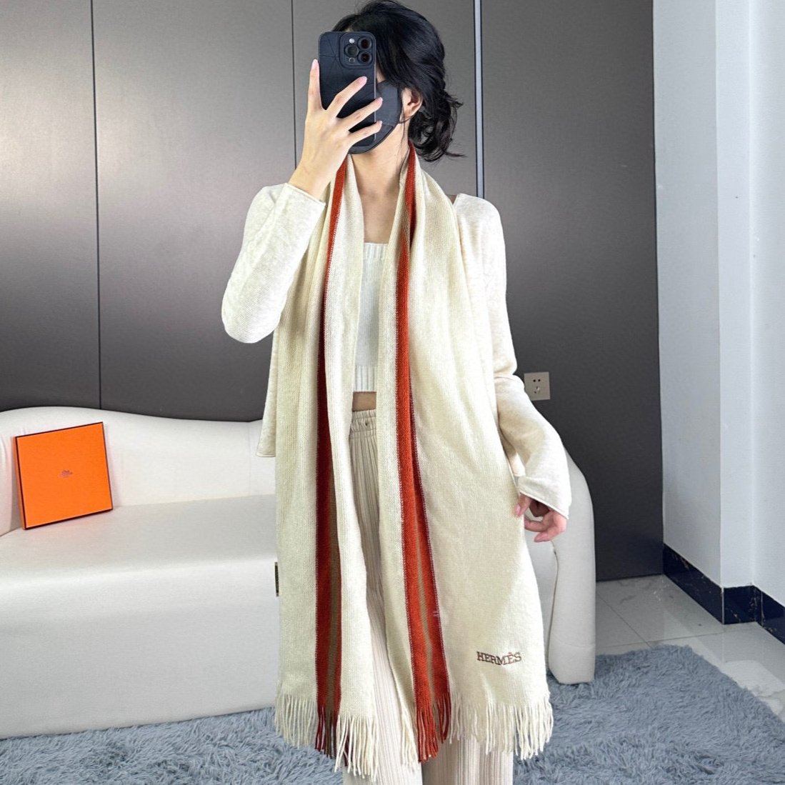 HERMES SCARF 180 CM IN WHITE MIX RED CASERE 356237