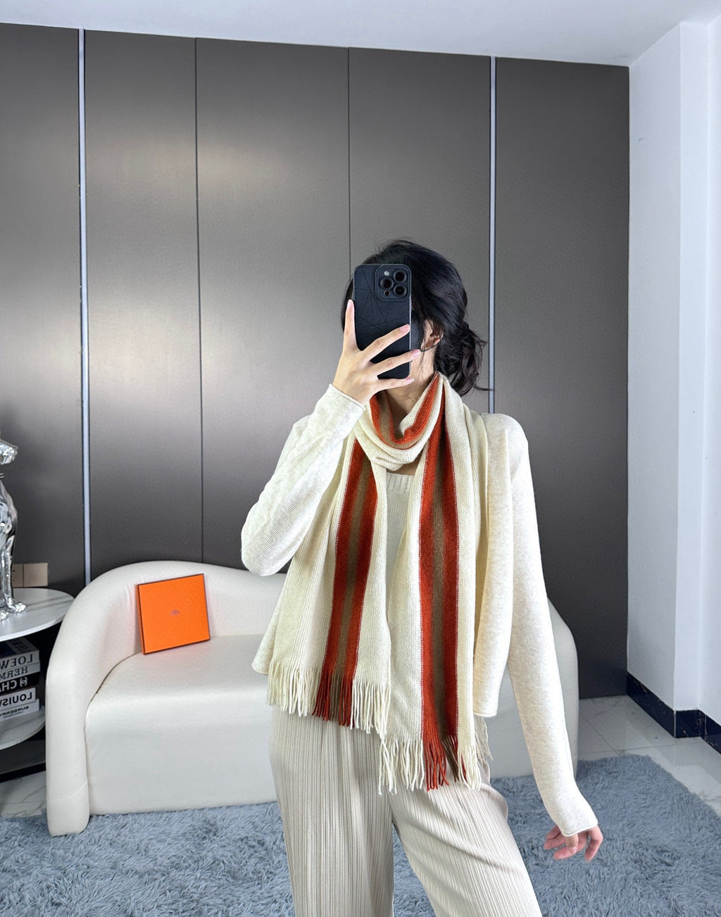 HERMES SCARF 180 CM IN WHITE MIX RED CASERE 356237