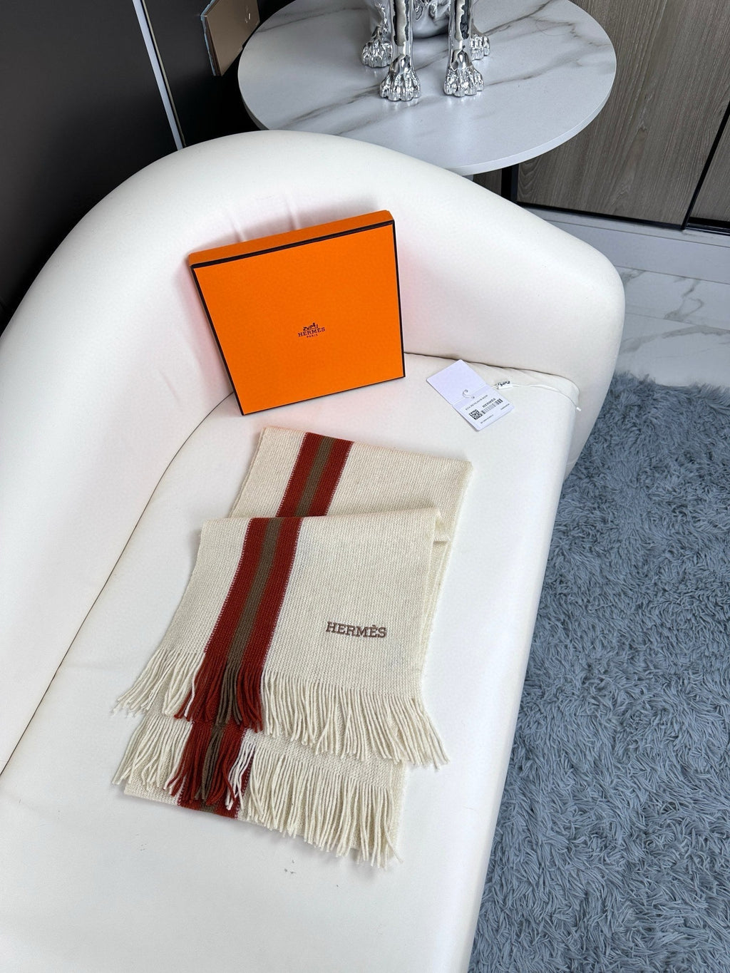 HERMES SCARF 180 CM IN WHITE MIX RED CASERE 356237