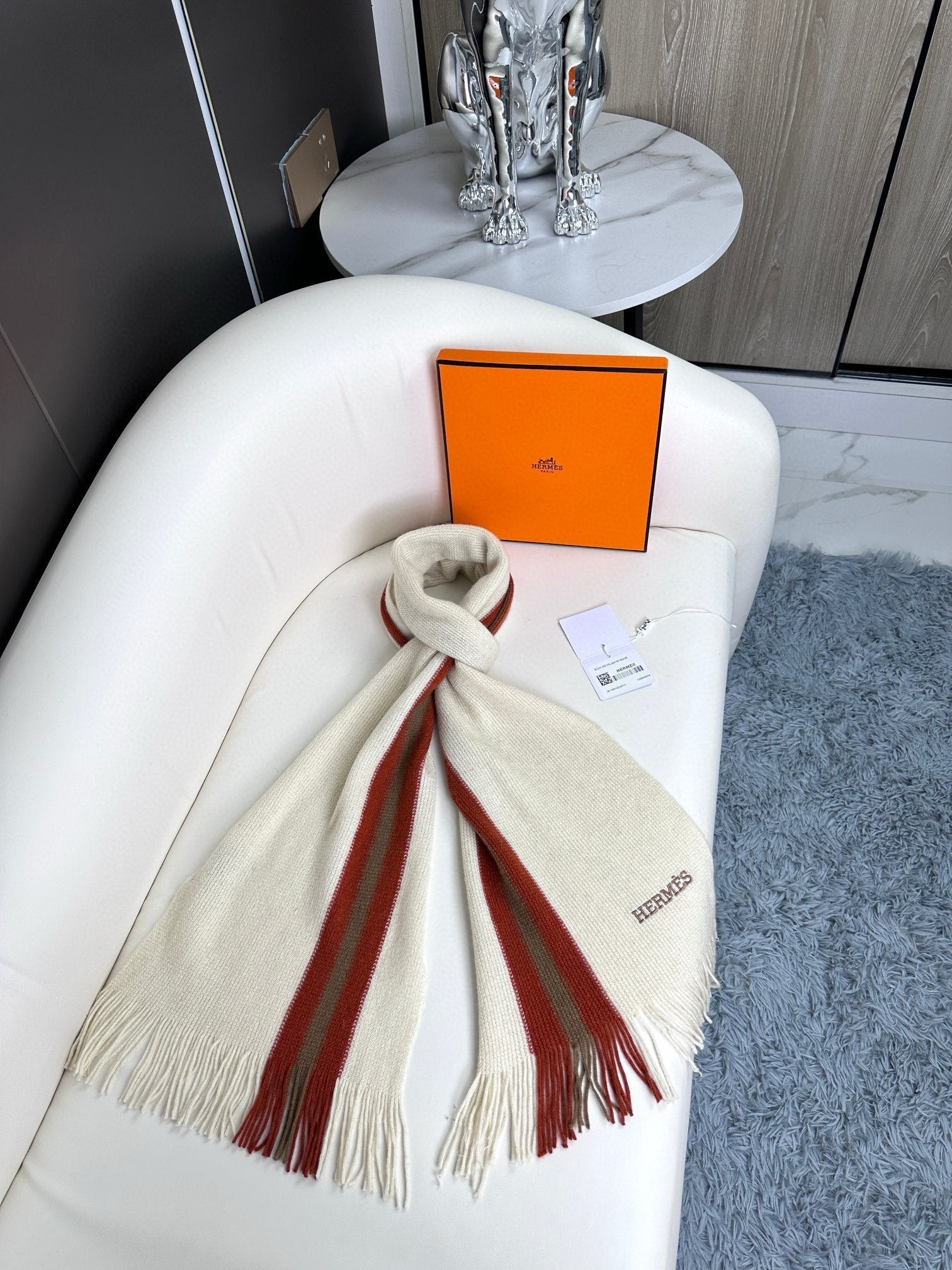 HERMES SCARF 180 CM IN WHITE MIX RED CASERE 356237