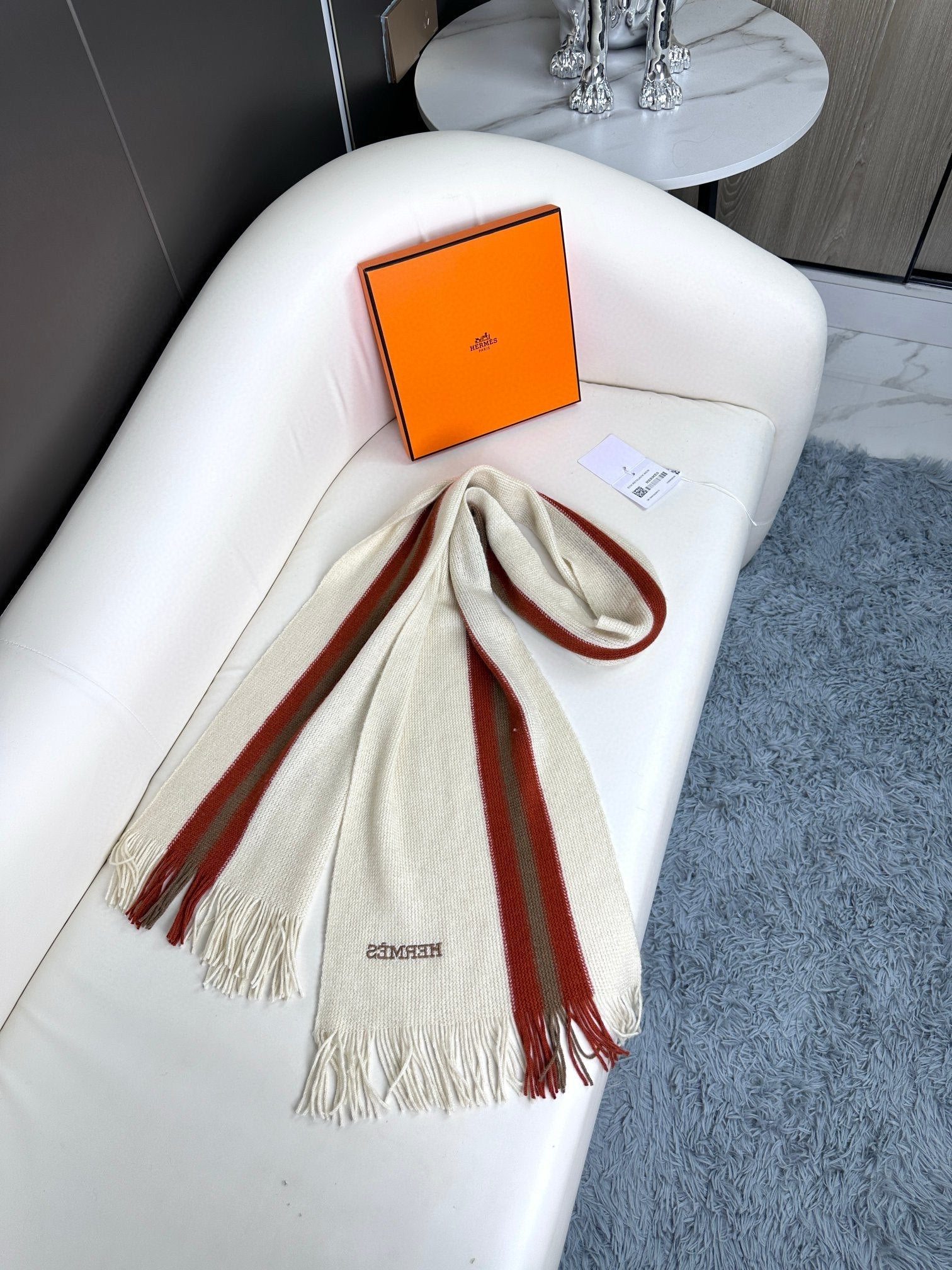 HERMES SCARF 180 CM IN WHITE MIX RED CASERE 356237