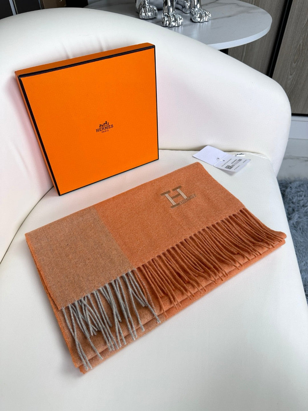 HERMES SCARF 190 CM IN TIGER ORANGE CASERE 364767