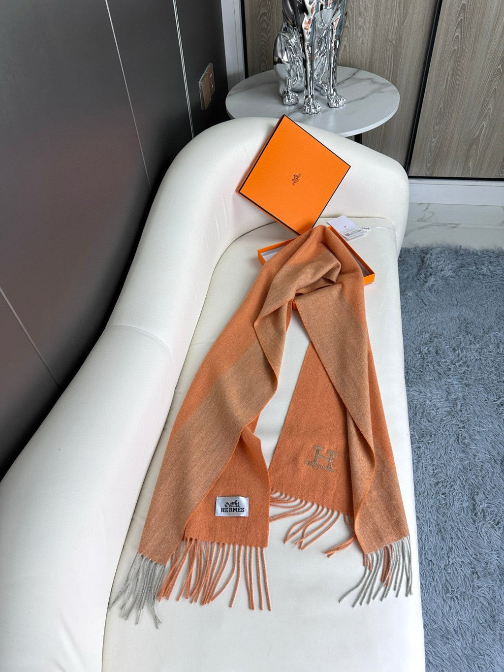 HERMES SCARF 190 CM IN TIGER ORANGE CASERE 364767