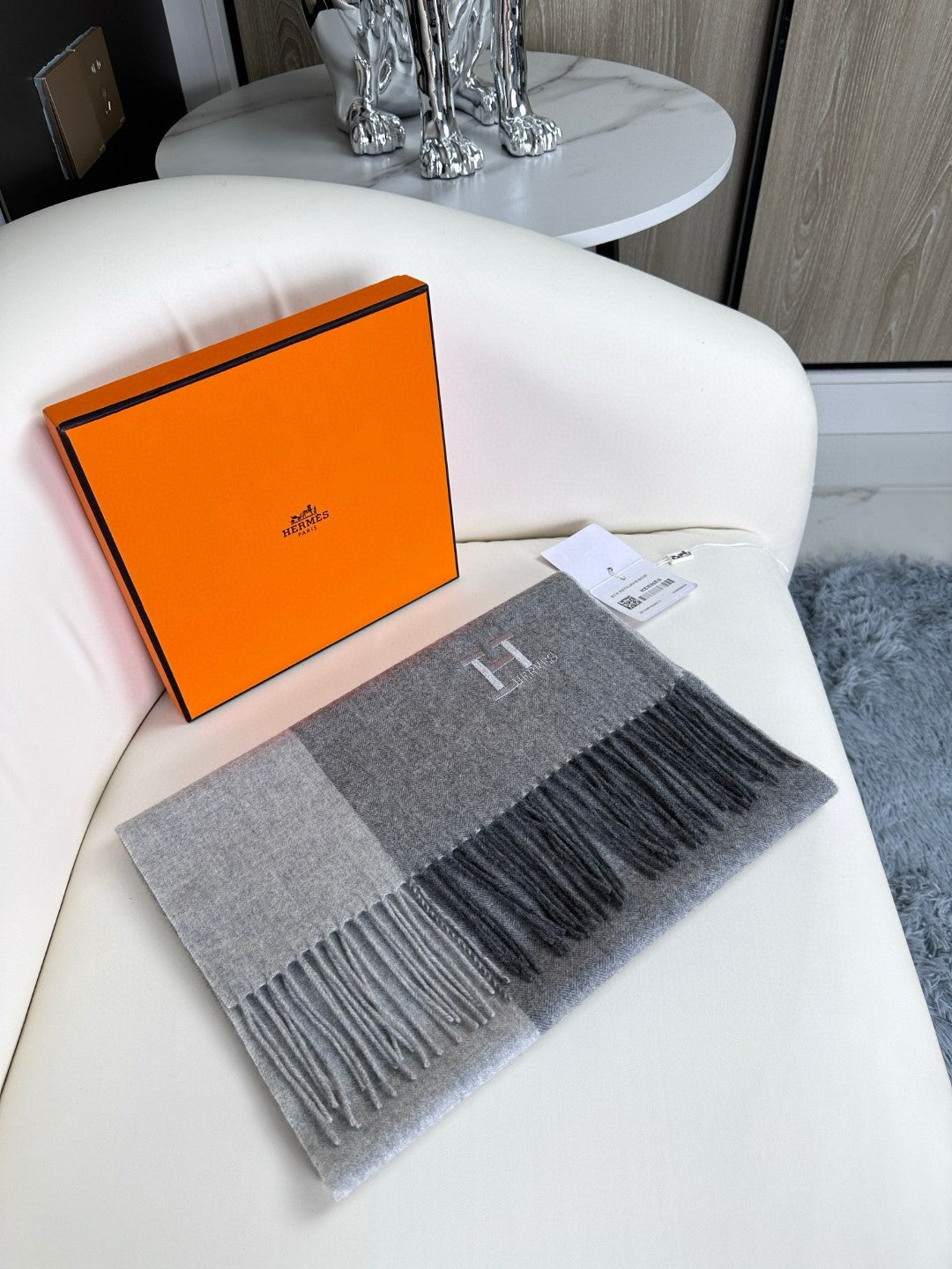 HERMES SCARF 190 CM IN DOVE GRAY CASERE 364768