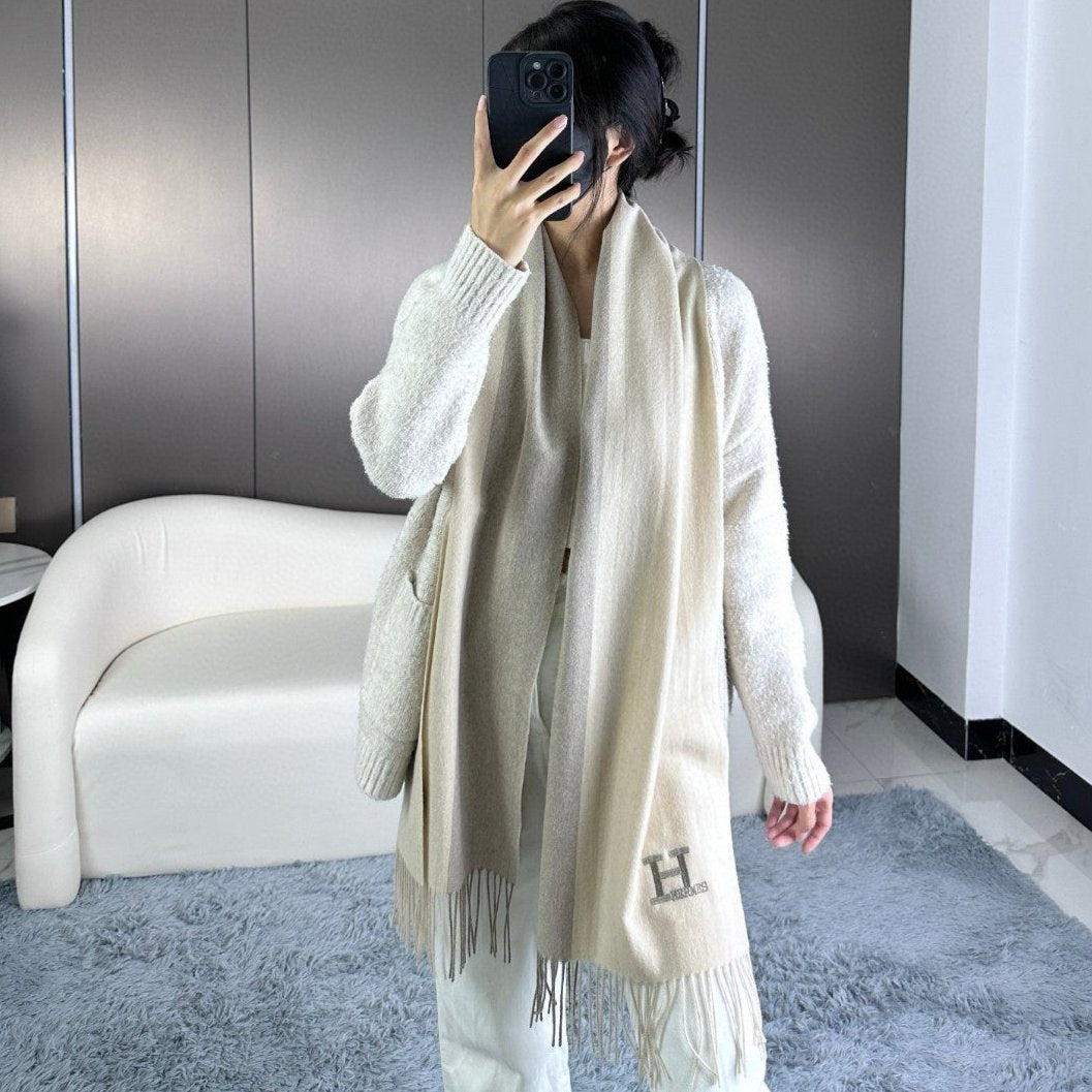 HERMES SCARF 190 CM IN ECRU TAN CASERE 364769