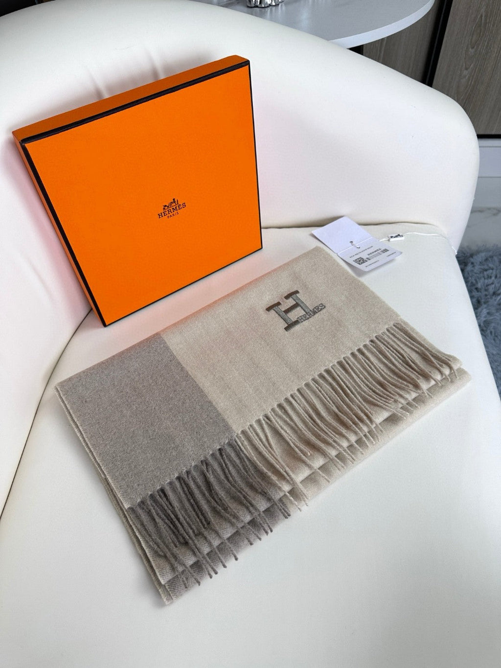 HERMES SCARF 190 CM IN ECRU TAN CASERE 364769