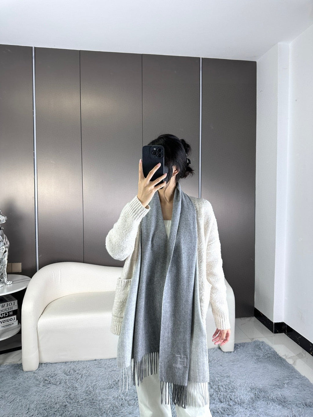 HERMES SCARF 190 CM IN COOL GRAY CASERE