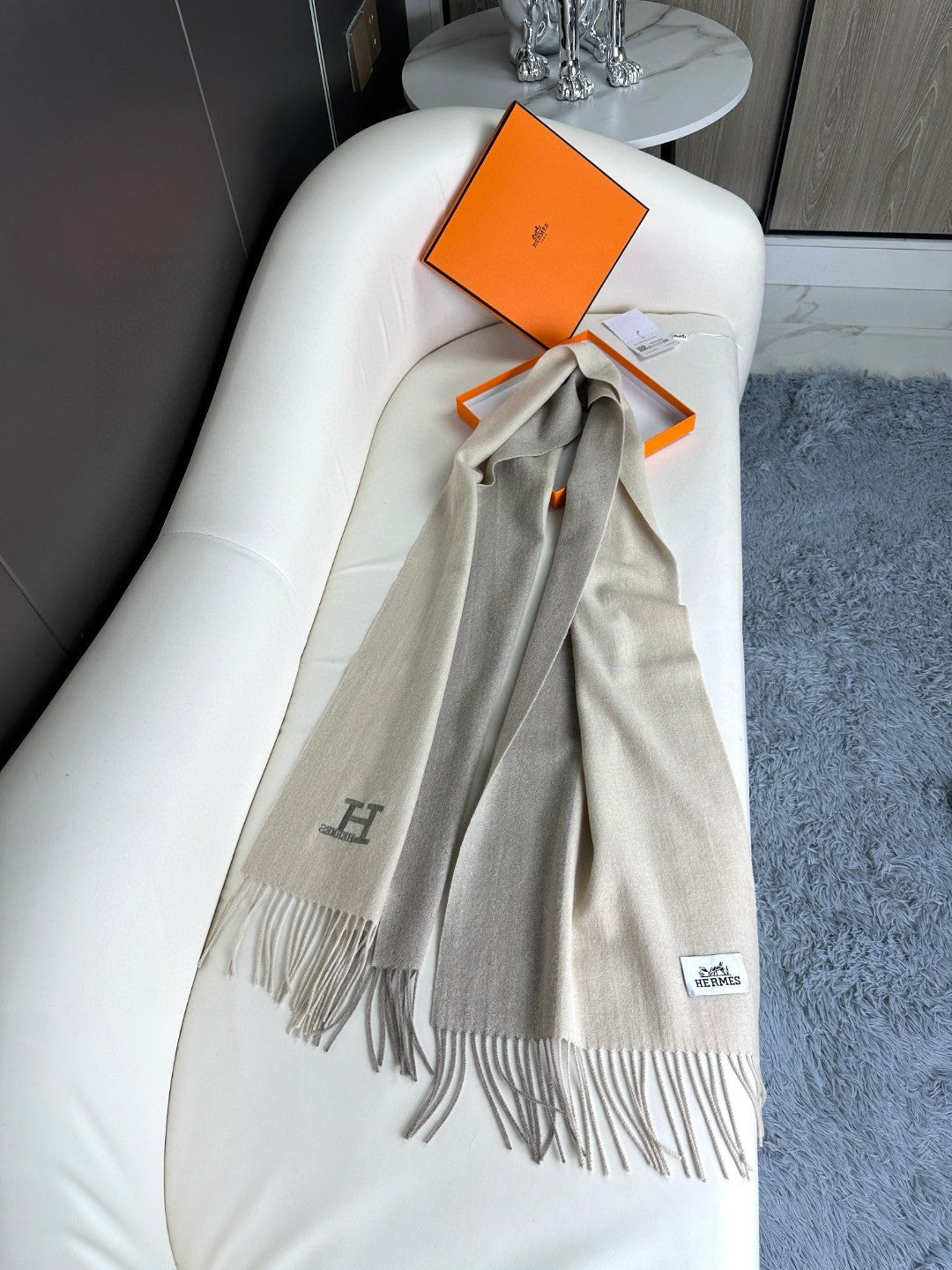 HERMES SCARF 190 CM IN WHITE MIX OAT TAN CASERE