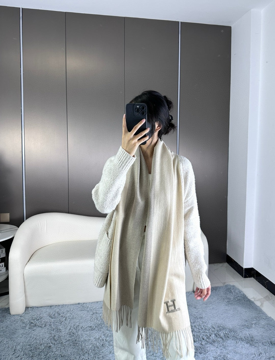 HERMES SCARF 190 CM IN WHITE MIX OAT TAN CASERE