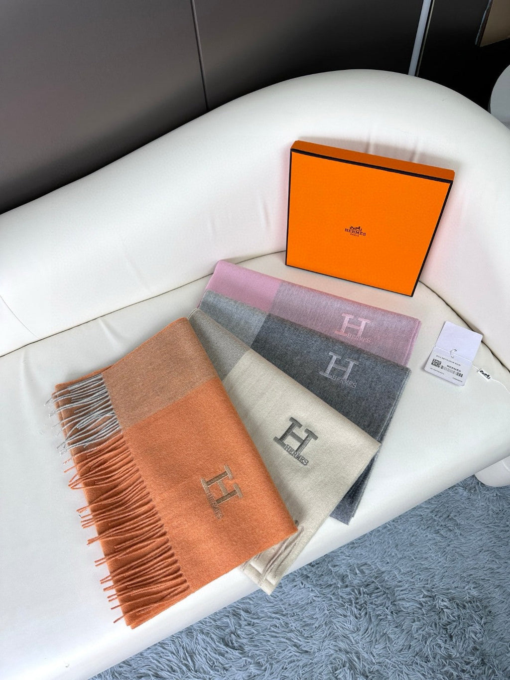 HERMES SCARF 190 CM IN WHITE MIX OAT TAN CASERE