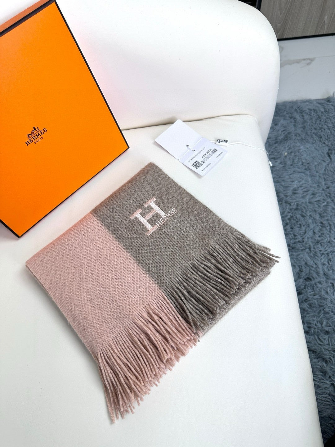 HERMES KNIT SCARF 180 IN LIGHT PINK MIX GREY CASERE