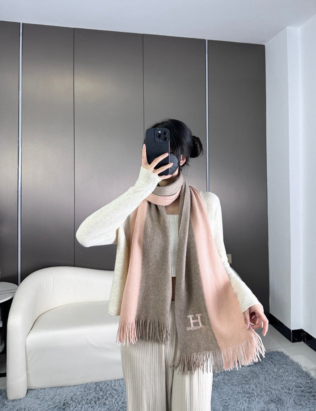 HERMES KNIT SCARF 180 IN LIGHT PINK MIX GREY CASERE
