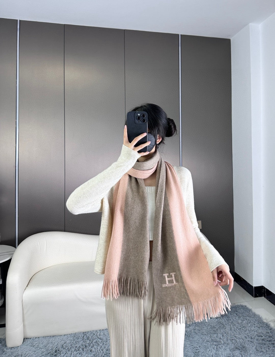 HERMES KNIT SCARF 180 IN LIGHT PINK MIX GREY CASERE