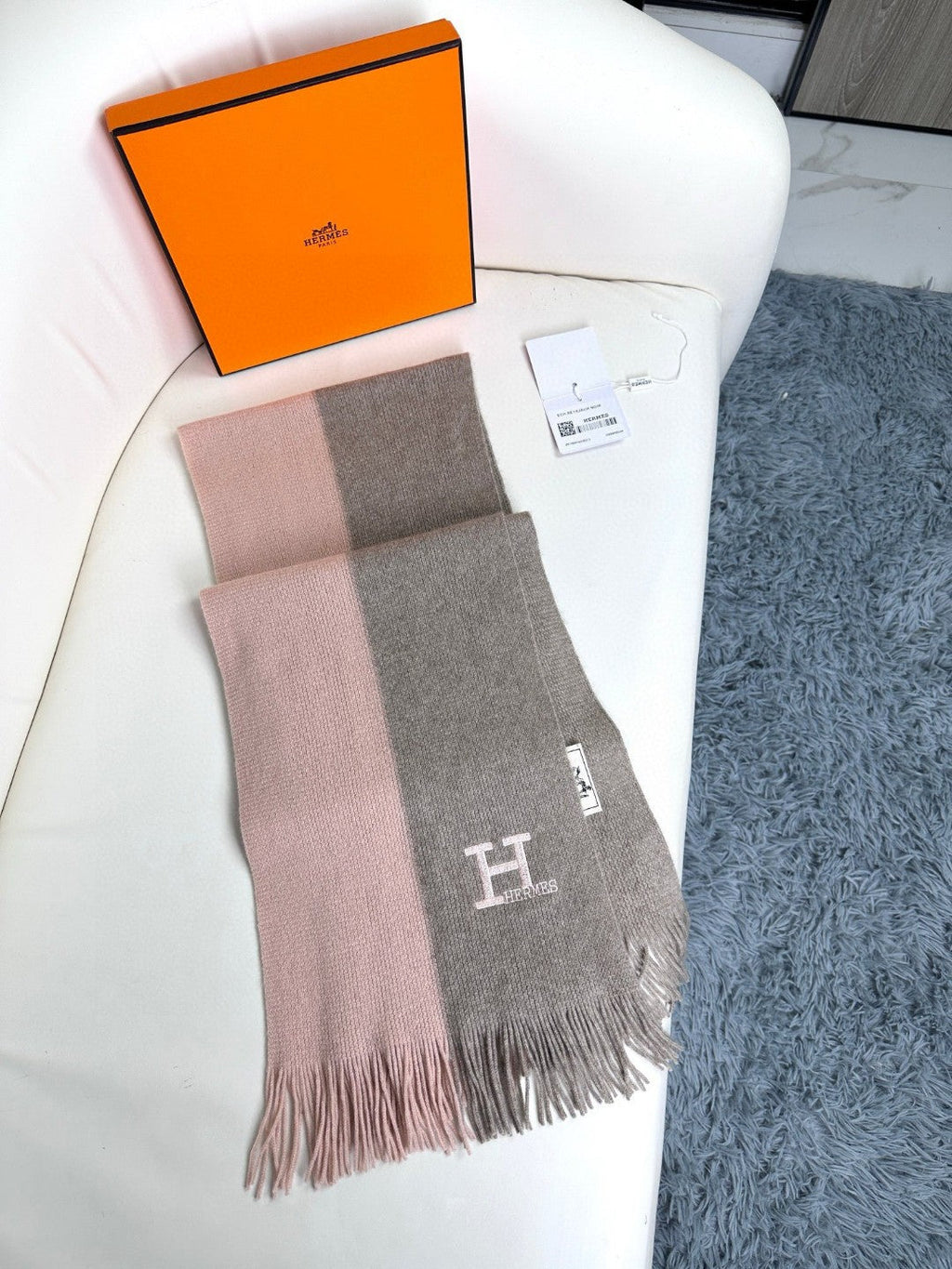 HERMES KNIT SCARF 180 IN LIGHT PINK MIX GREY CASERE