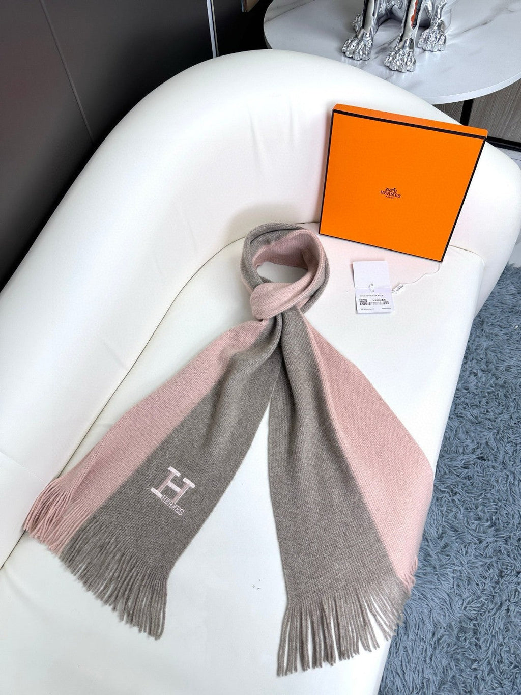 HERMES KNIT SCARF 180 IN LIGHT PINK MIX GREY CASERE