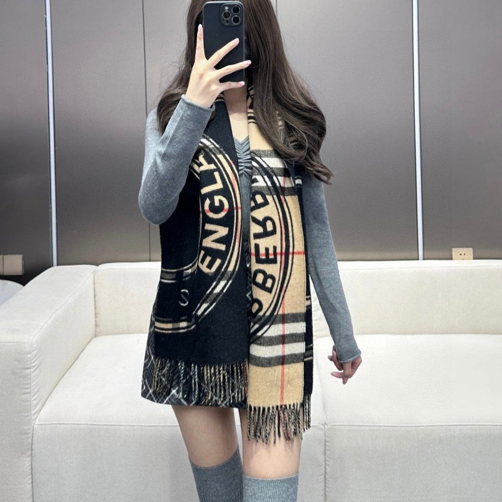 BURBERRY SCARF 180 CM IN BLACK AND TAN BROWN CASHMERE 407240