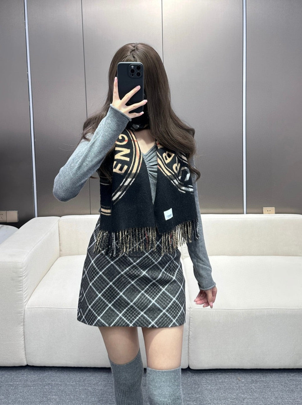 BURBERRY SCARF 180 CM IN BLACK AND TAN BROWN CASHMERE 407240