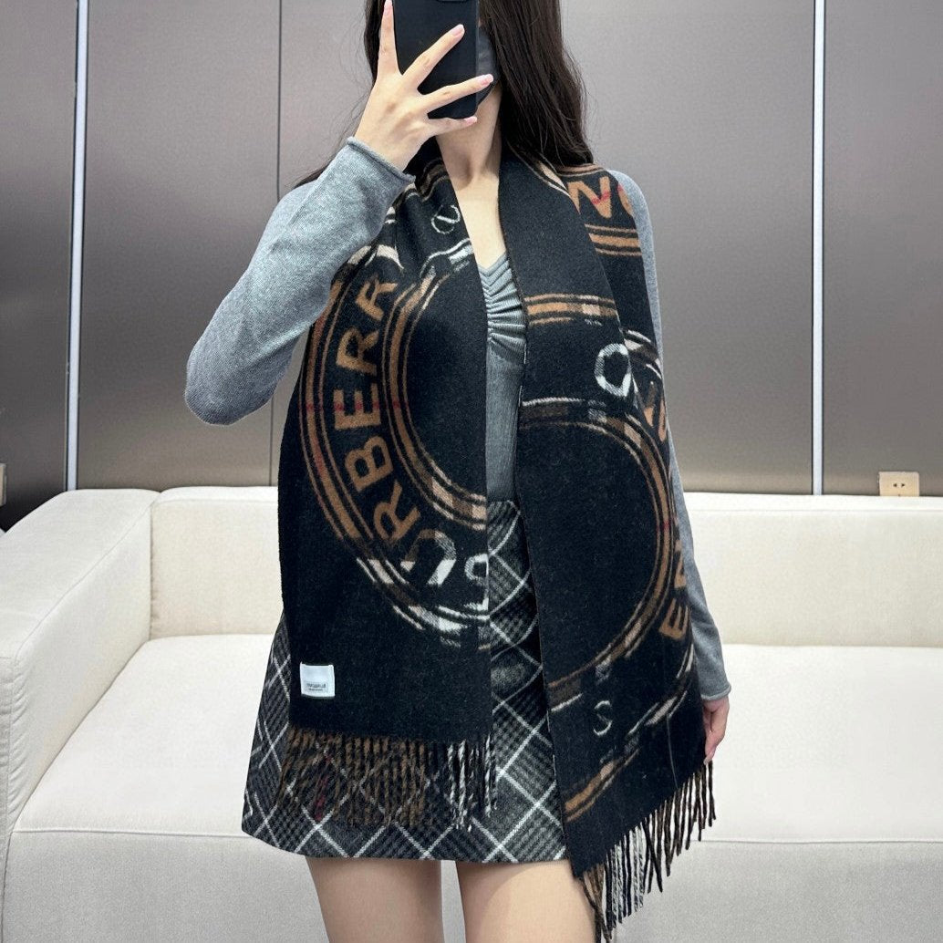 BURBERRY SCARF 180 CM IN BLACK AND RUSSET BROWN CASHMERE 407241