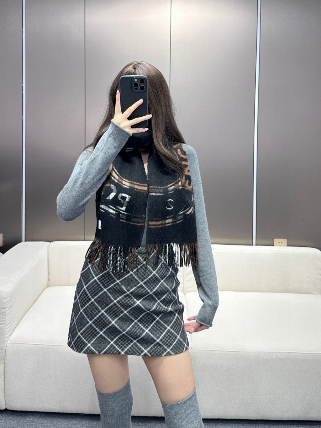 BURBERRY SCARF 180 CM IN BLACK AND RUSSET BROWN CASHMERE 407241