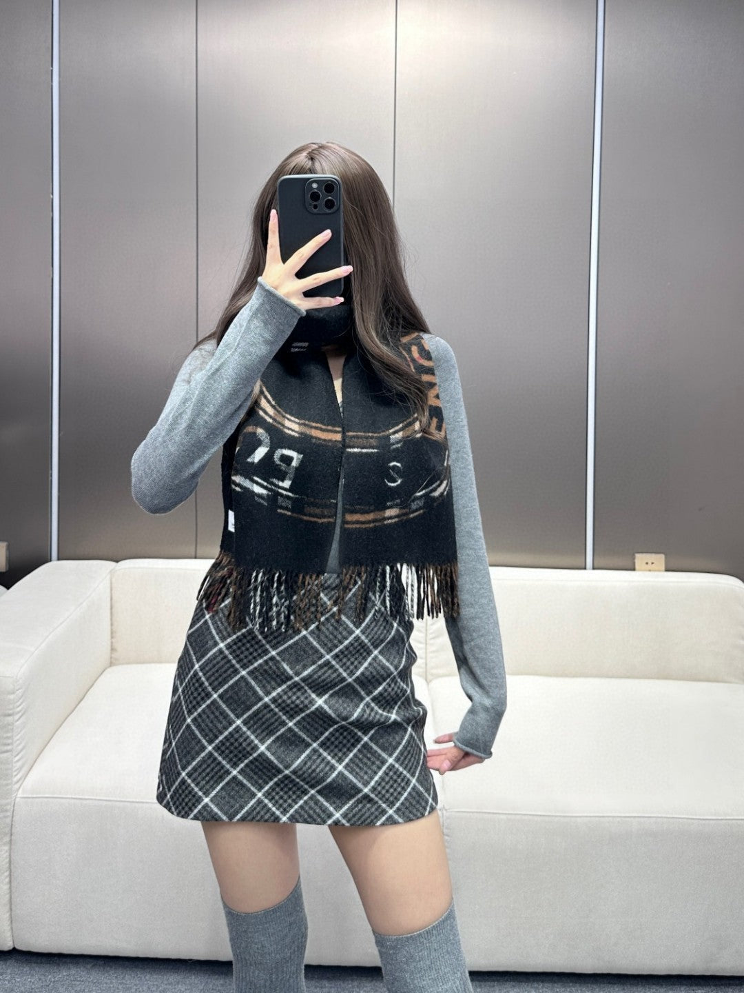 BURBERRY SCARF 180 CM IN BLACK AND RUSSET BROWN CASHMERE 407241