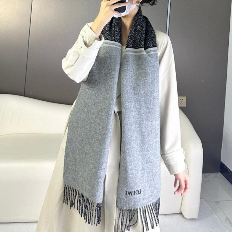 LOEWE ANAGRAM SCARF 182 CM IN BLACK MIX DOVE GRAY WOOL AND CASHMERE 408524