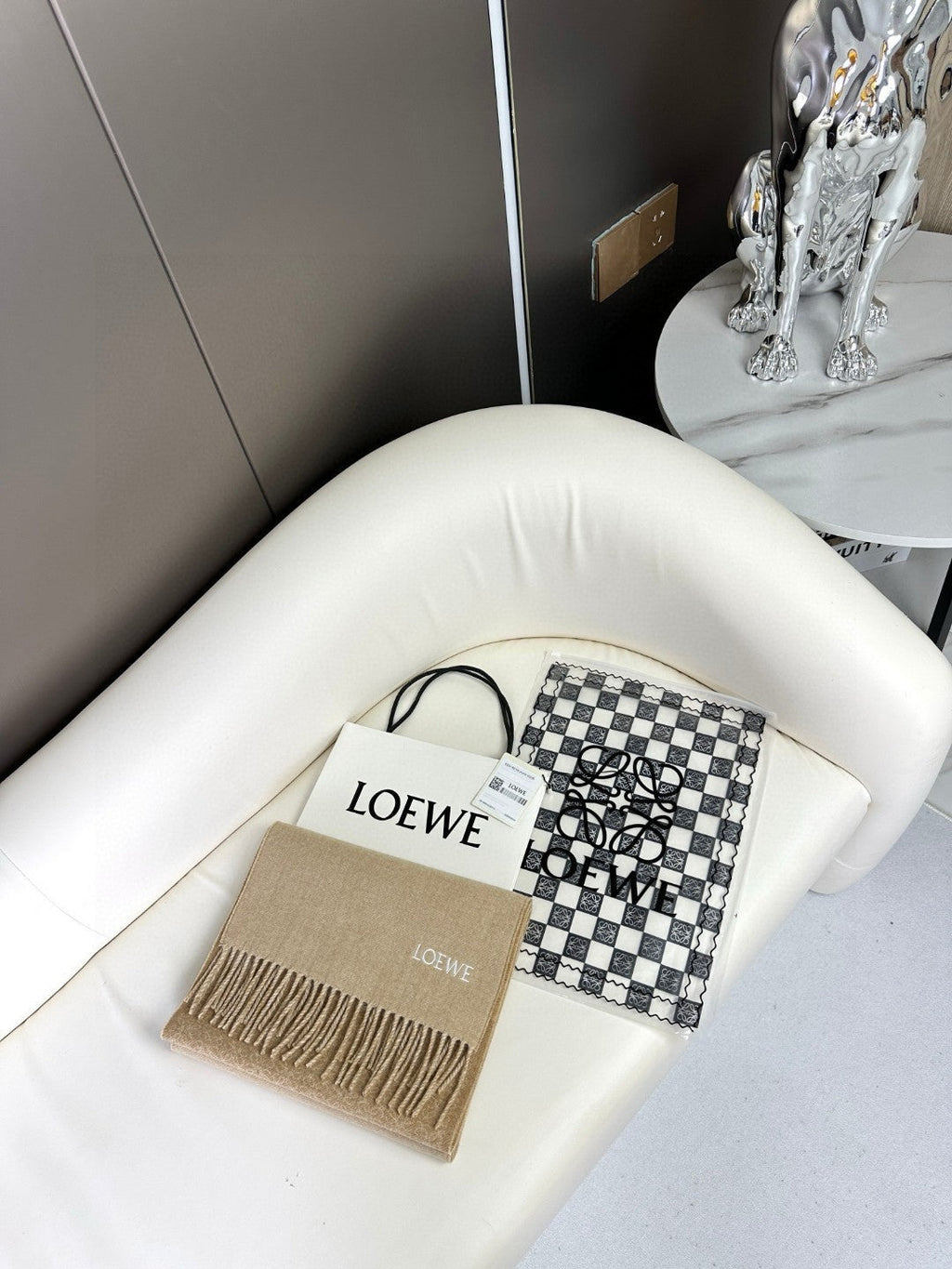 LOEWE ANAGRAM SCARF 182 CM IN SAND BEIGE WOOL AND CASHMERE 408525