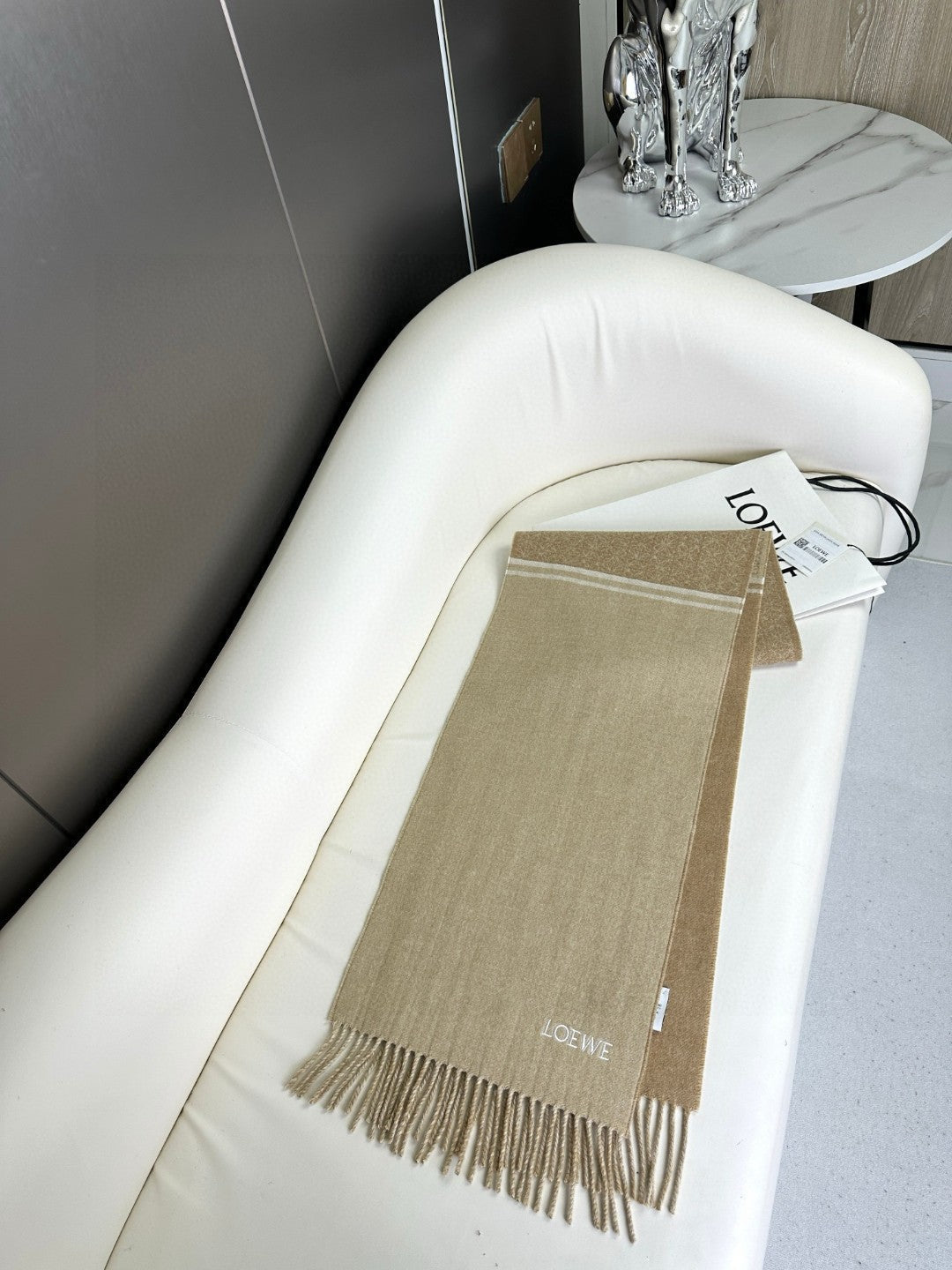 LOEWE ANAGRAM SCARF 182 CM IN SAND BEIGE WOOL AND CASHMERE 408525