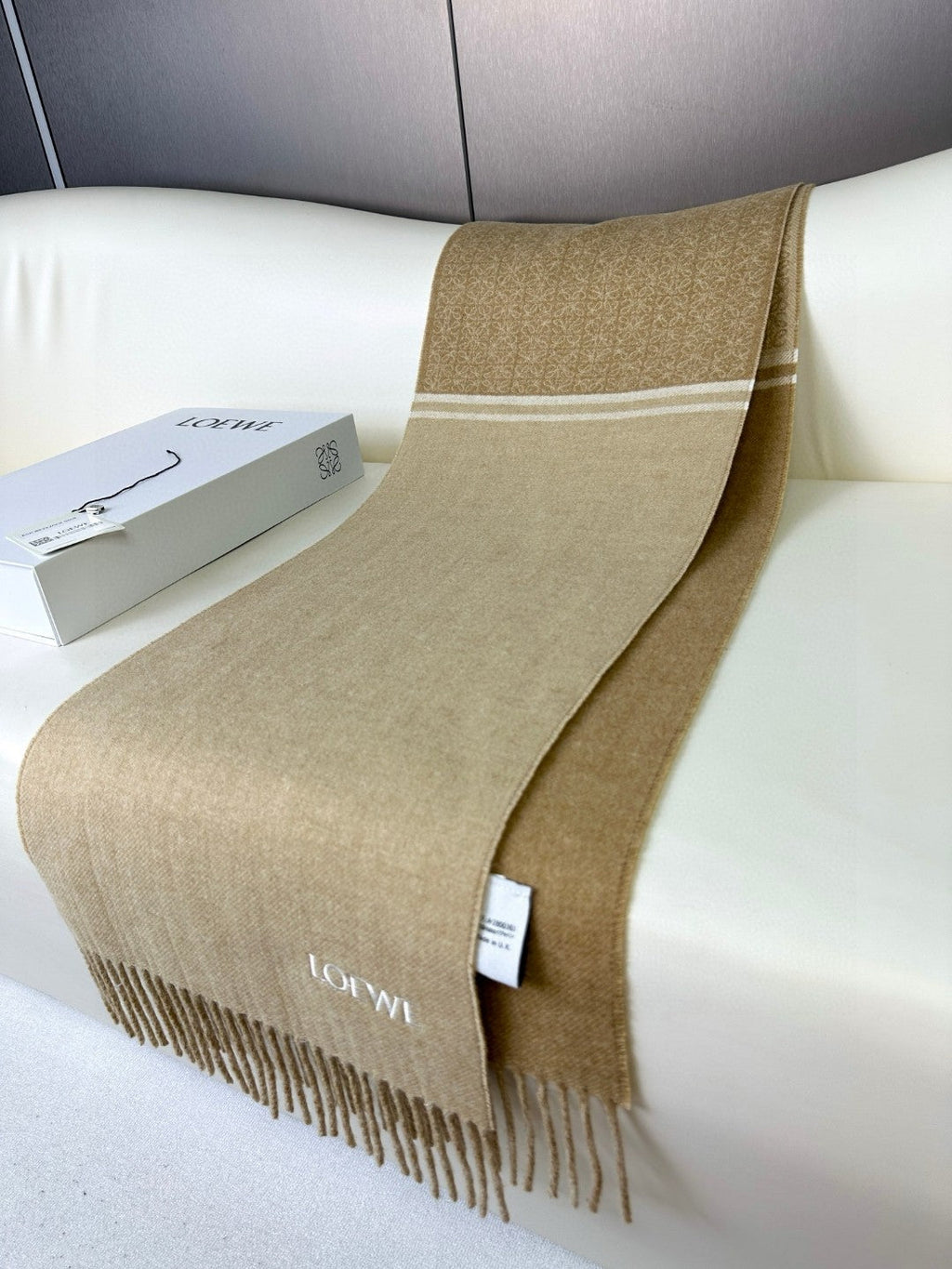 LOEWE ANAGRAM SCARF 182 CM IN SAND BEIGE WOOL AND CASHMERE 408525