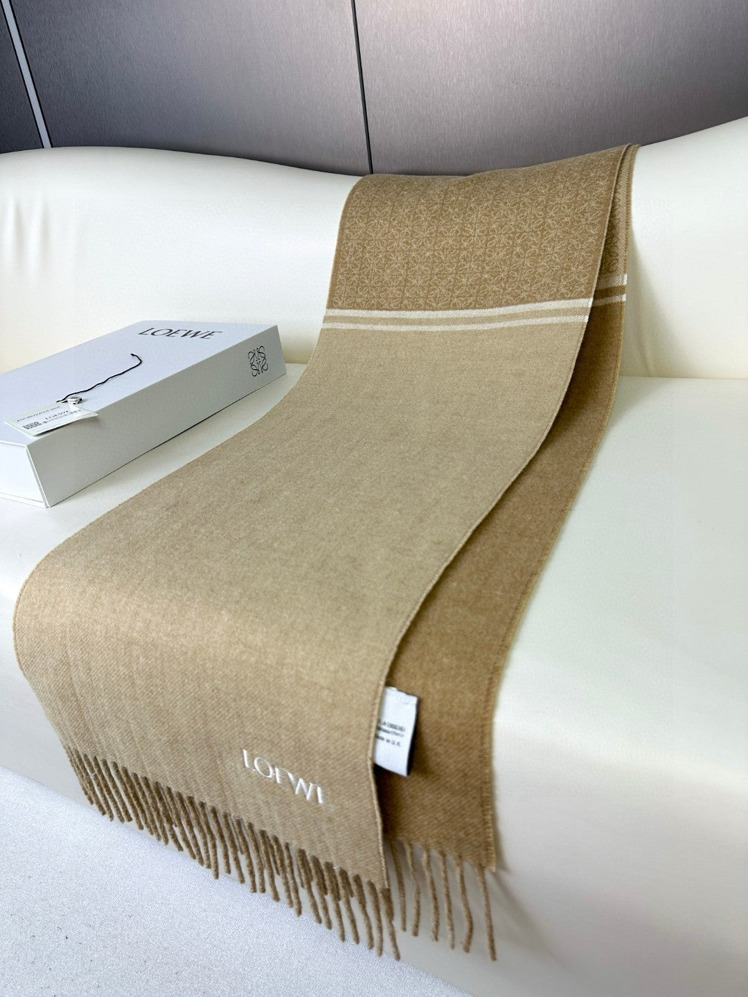 LOEWE ANAGRAM SCARF 182 CM IN SAND BEIGE WOOL AND CASHMERE 408525