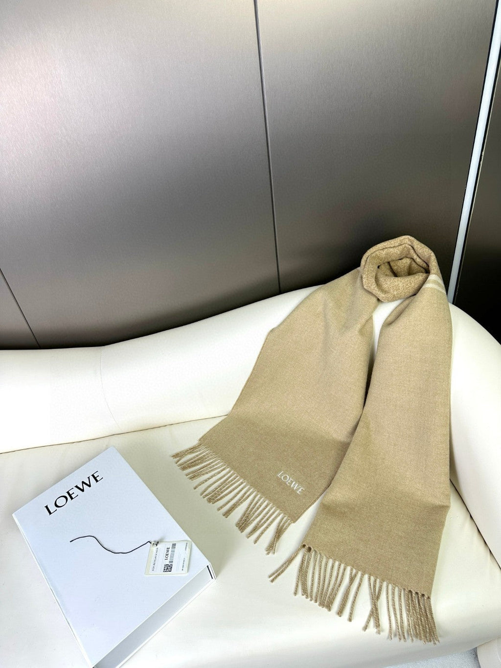 LOEWE ANAGRAM SCARF 182 CM IN SAND BEIGE WOOL AND CASHMERE 408525