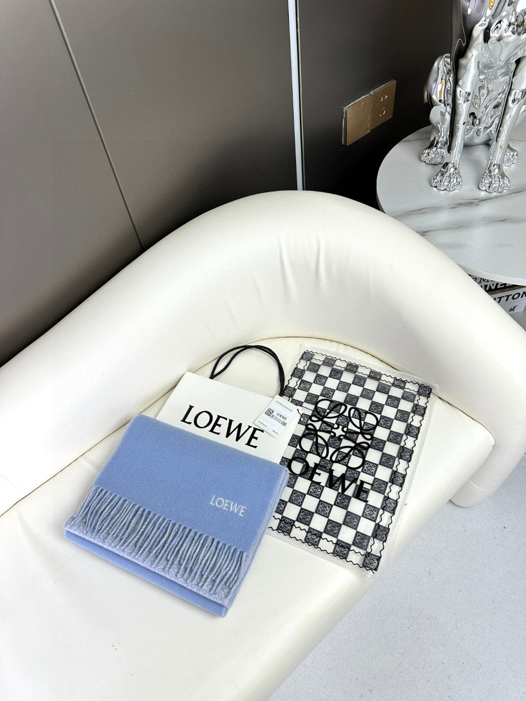 LOEWE ANAGRAM SCARF 182 CM IN CERULEAN BLUE WOOL AND CASHMERE 408526
