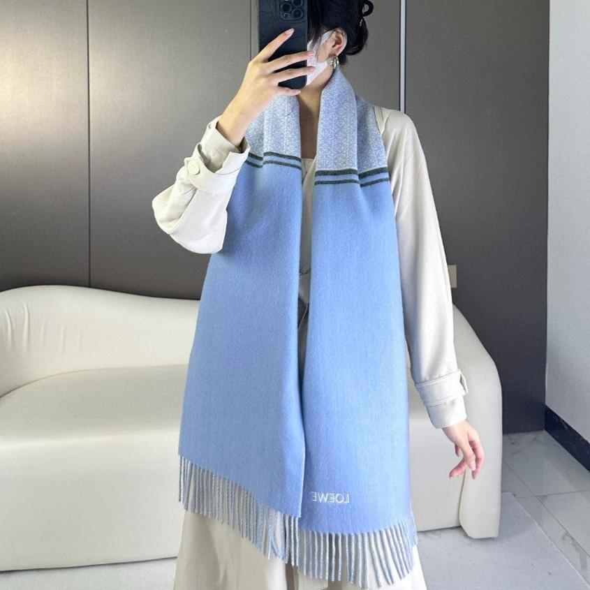 LOEWE ANAGRAM SCARF 182 CM IN CERULEAN BLUE WOOL AND CASHMERE 408526