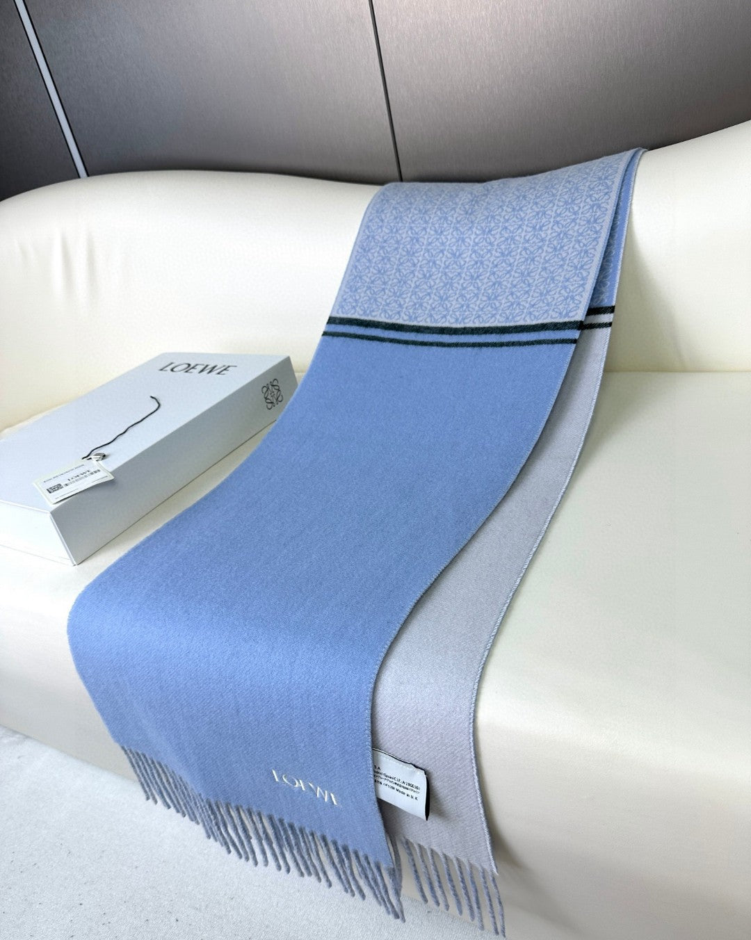 LOEWE ANAGRAM SCARF 182 CM IN CERULEAN BLUE WOOL AND CASHMERE 408526