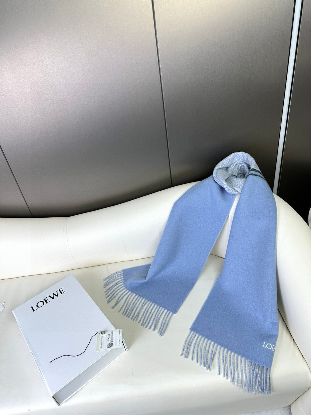 LOEWE ANAGRAM SCARF 182 CM IN CERULEAN BLUE WOOL AND CASHMERE 408526