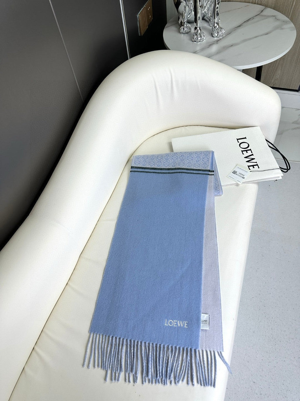 LOEWE ANAGRAM SCARF 182 CM IN CERULEAN BLUE WOOL AND CASHMERE 408526