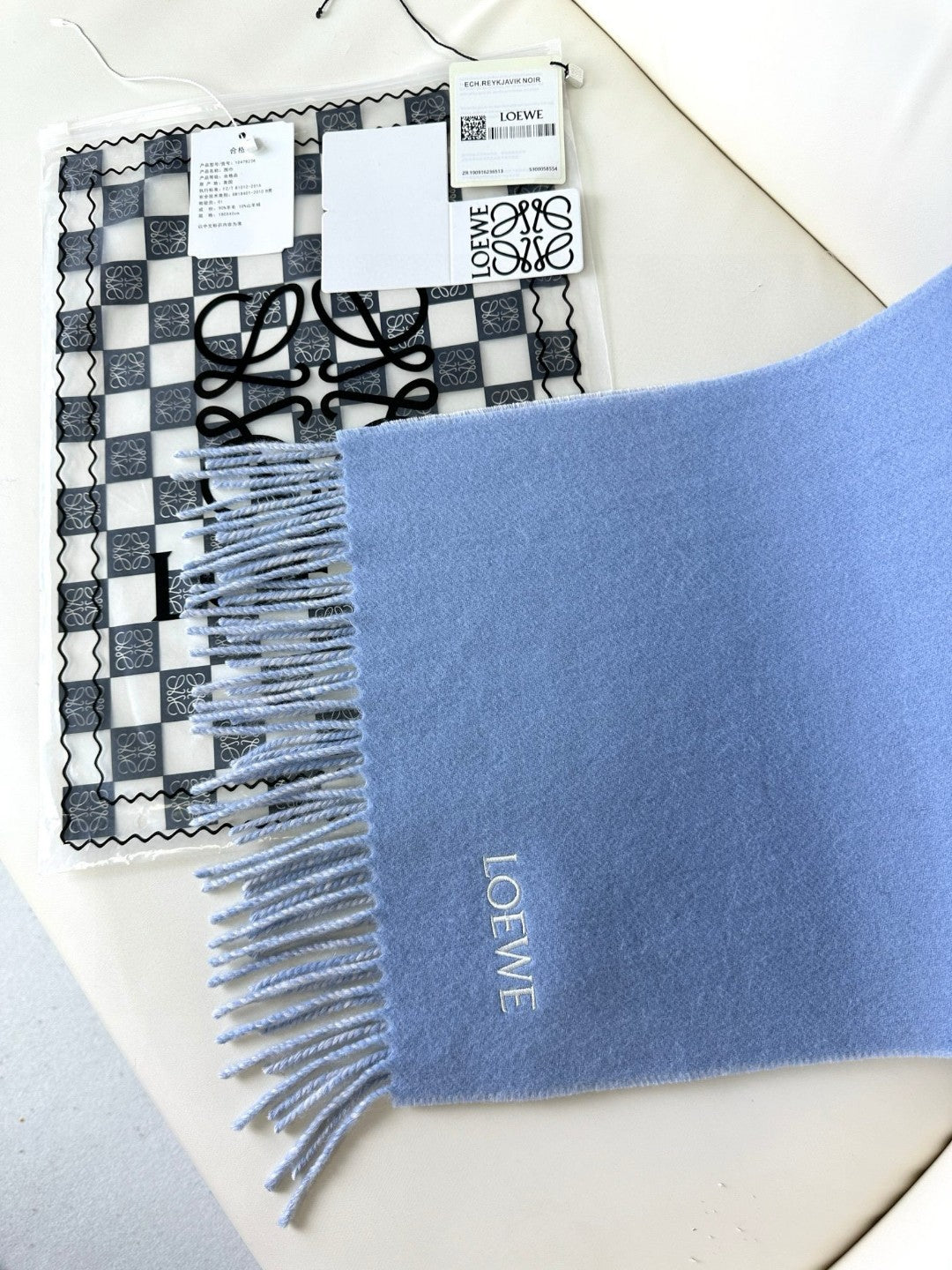 LOEWE ANAGRAM SCARF 182 CM IN CERULEAN BLUE WOOL AND CASHMERE 408526