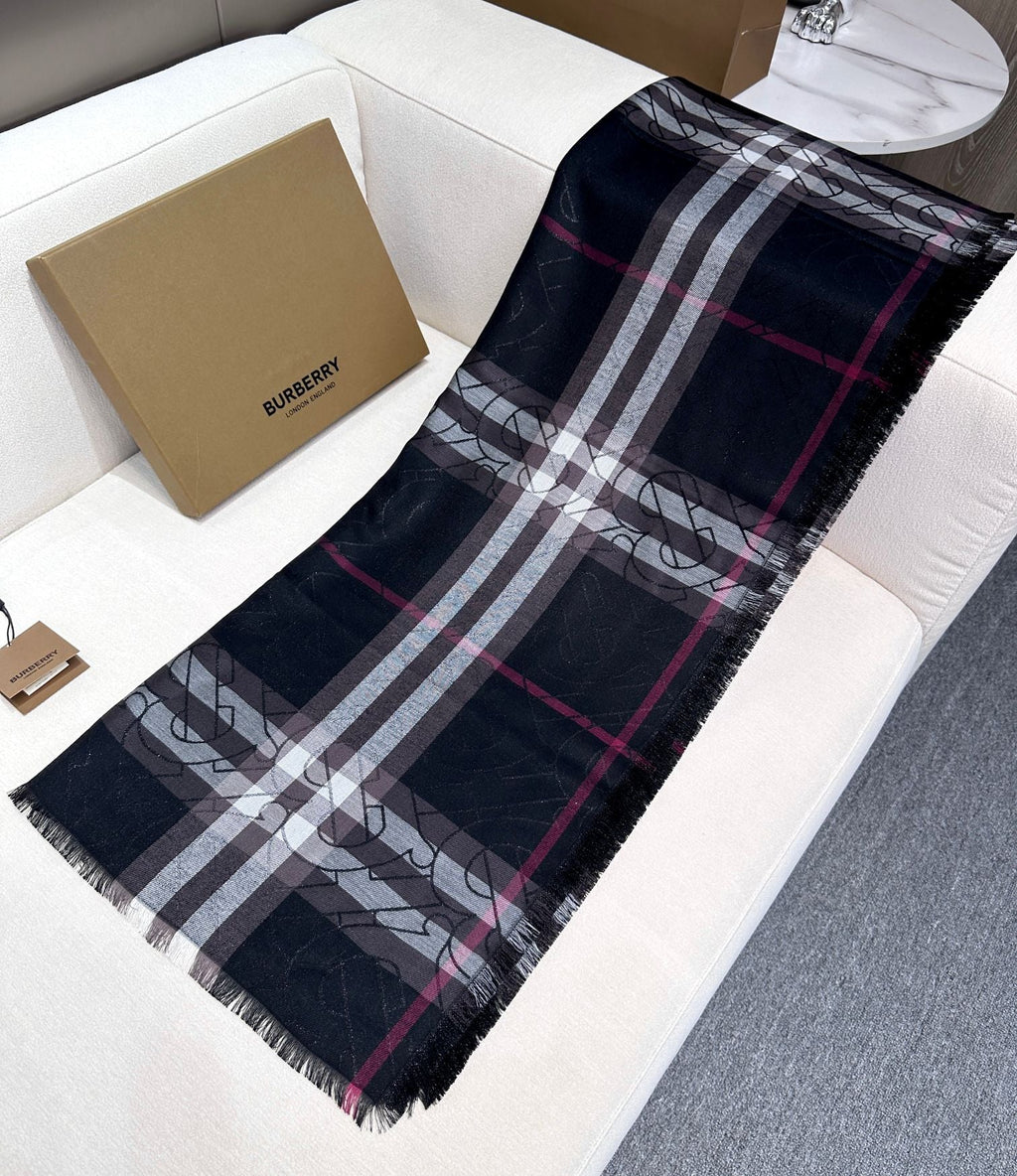 BURBERRY SCARF 220 CM IN BLACK VISCOSE AND MULBERRY SILK 408540