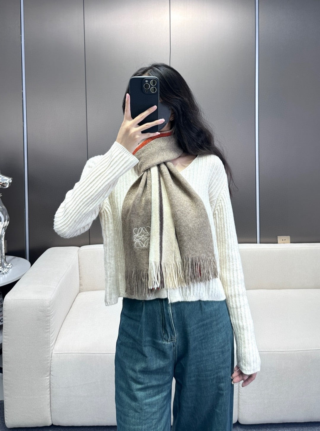 LOEWE SCARF 180 CM IN KHAKI BROWN CASHMERE 410157
