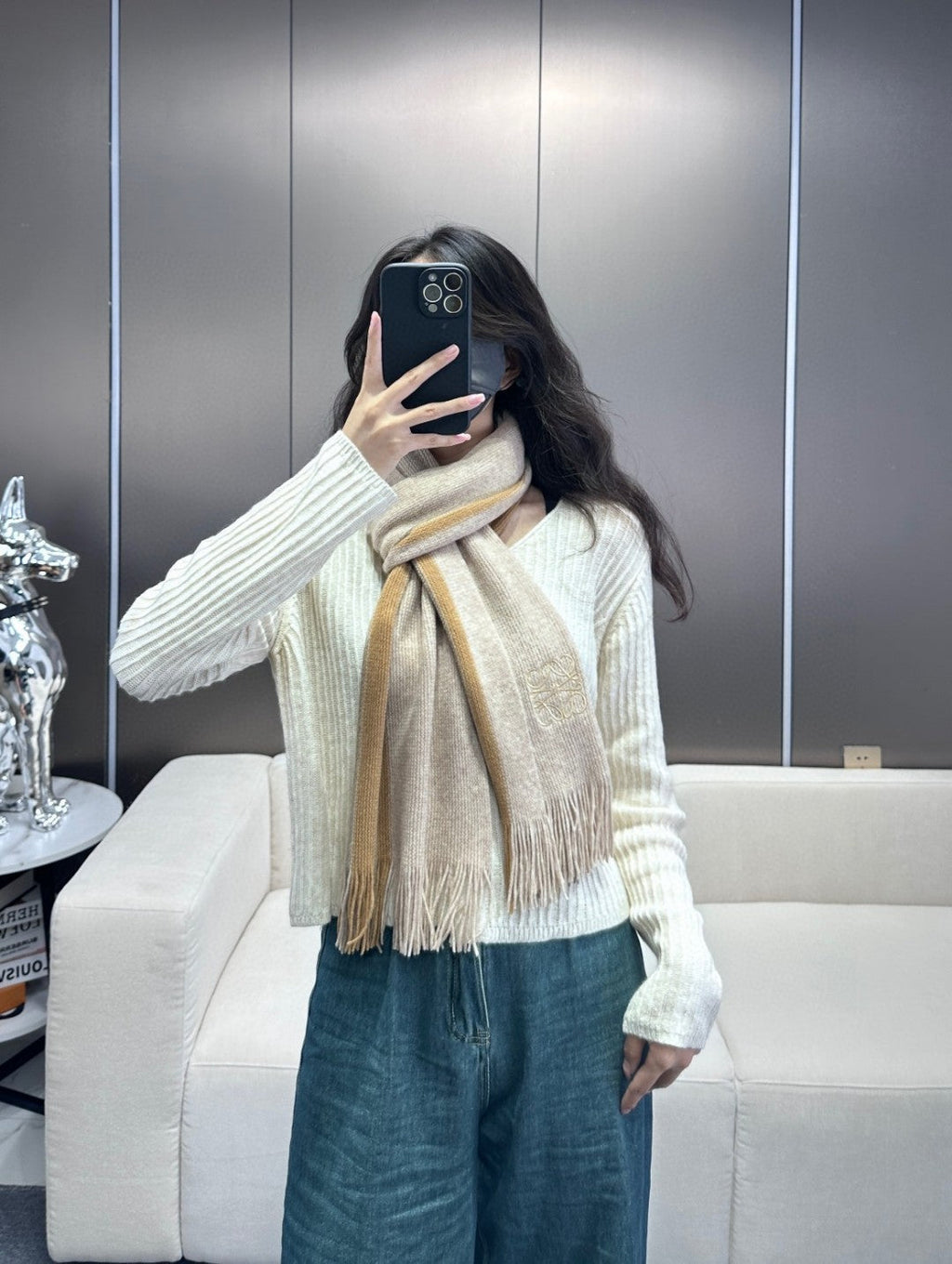 LOEWE SCARF 180 CM IN ALMOND BEIGE CASHMERE 410158