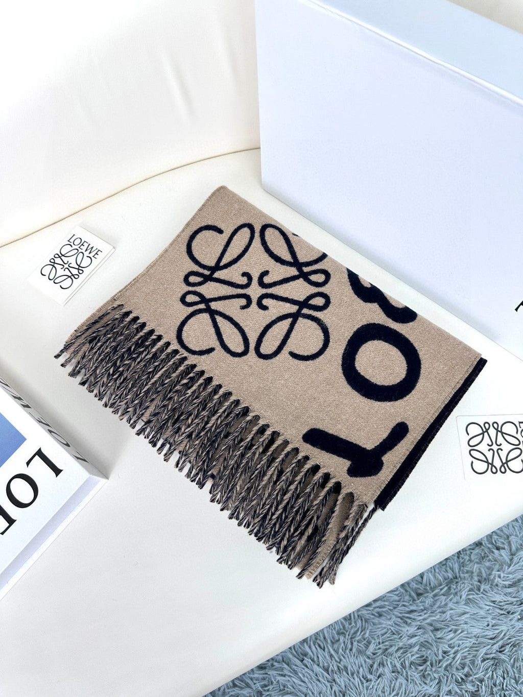 LOEWE ANAGRAM SCARF 180 CM IN BLACK MIX CAMEL BEIGE WOOL AND CASHMERE 410167