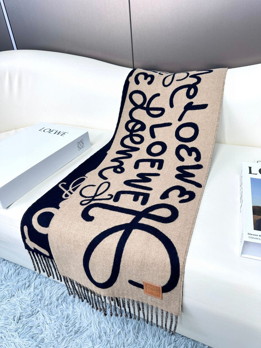 LOEWE ANAGRAM SCARF 180 CM IN BLACK MIX CAMEL BEIGE WOOL AND CASHMERE 410167