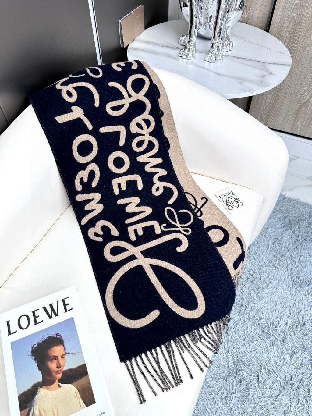 LOEWE ANAGRAM SCARF 180 CM IN BLACK MIX CAMEL BEIGE WOOL AND CASHMERE 410167