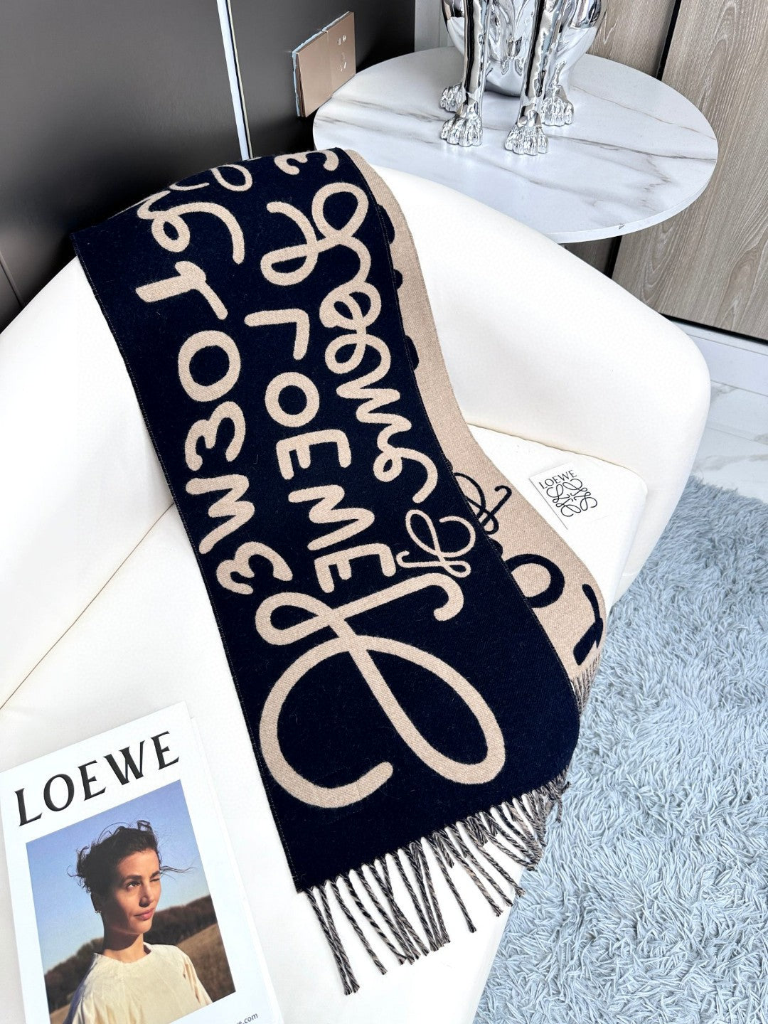 LOEWE ANAGRAM SCARF 180 CM IN BLACK MIX CAMEL BEIGE WOOL AND CASHMERE 410167