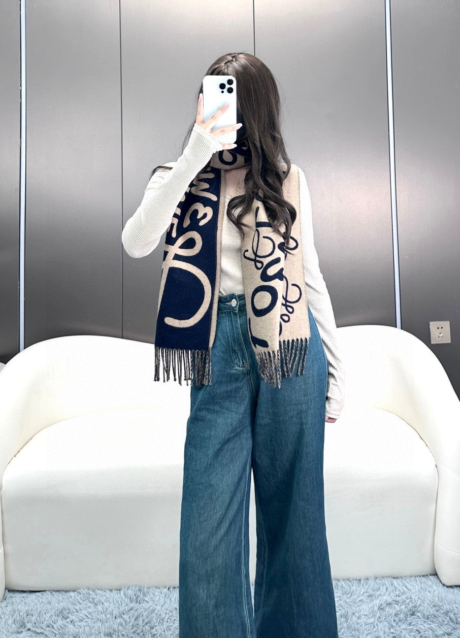 LOEWE ANAGRAM SCARF 180 CM IN BLACK MIX CAMEL BEIGE WOOL AND CASHMERE 410167
