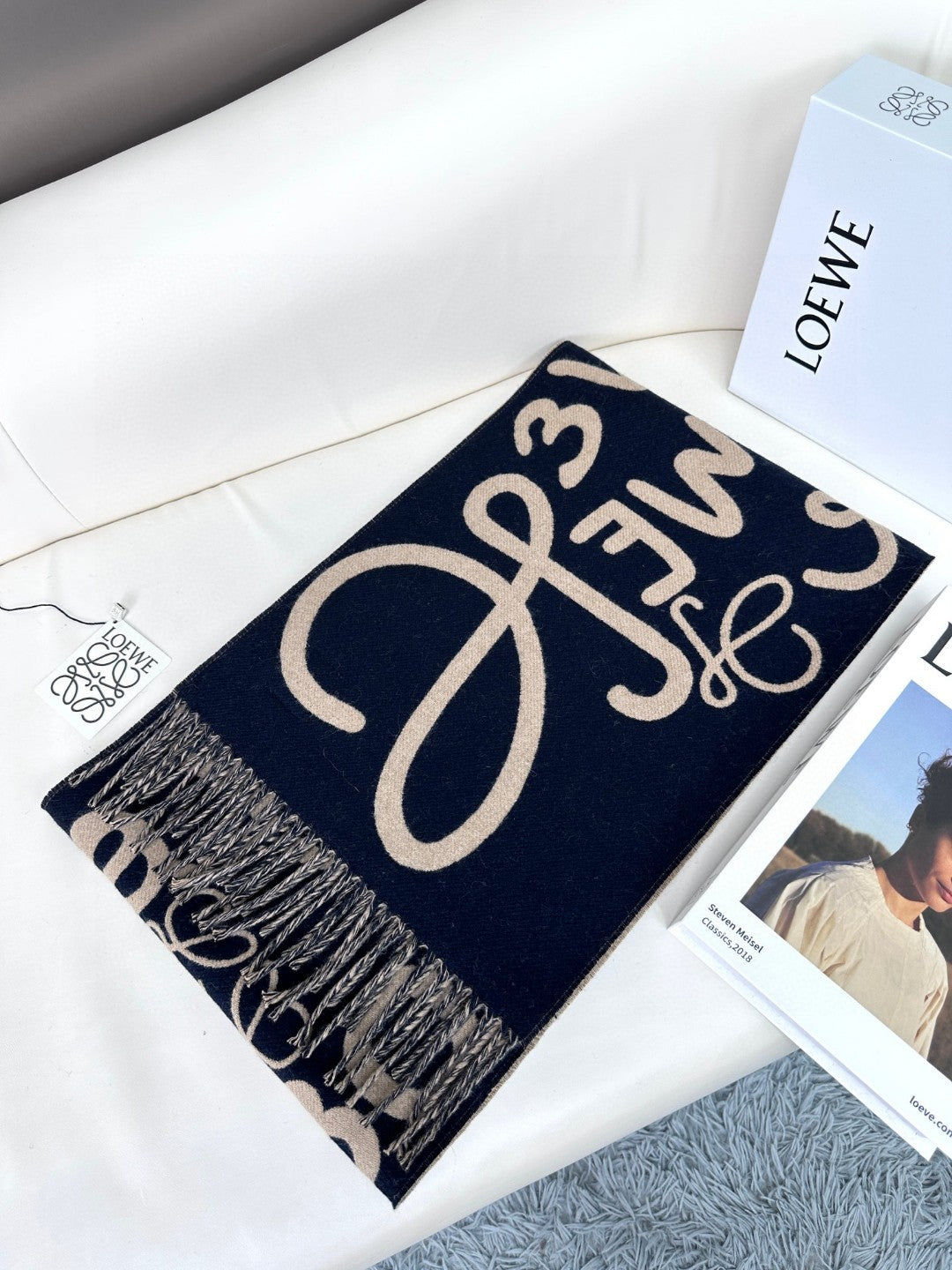 LOEWE ANAGRAM SCARF 180 CM IN BLACK MIX CAMEL BEIGE WOOL AND CASHMERE 410167