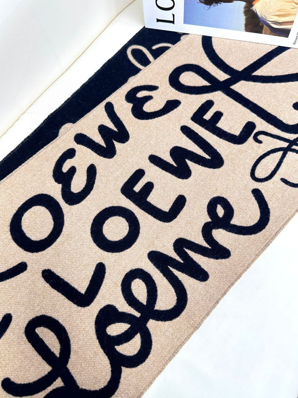 LOEWE ANAGRAM SCARF 180 CM IN BLACK MIX CAMEL BEIGE WOOL AND CASHMERE 410167
